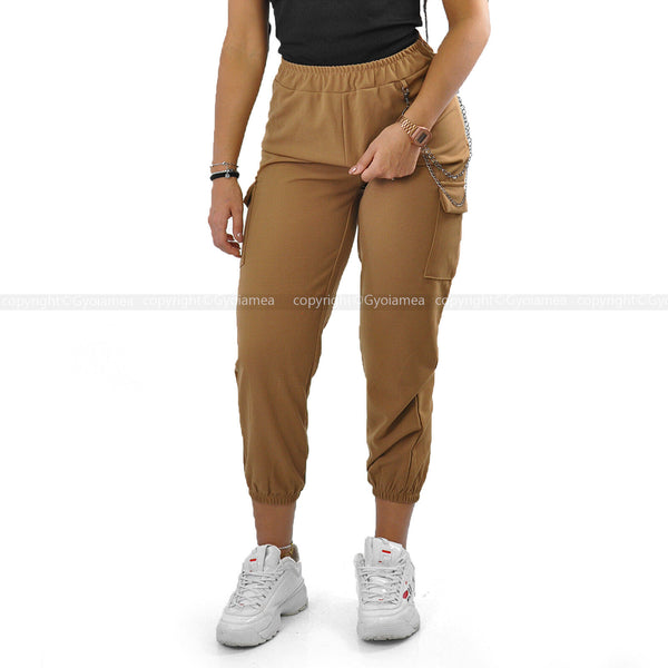 Pantalone cargo donna elasticizzato tasconi catena sportivo morbido giornaliero