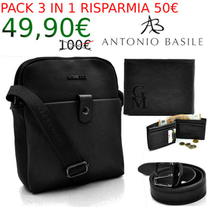 Pack 3in1 Borsello uomo A. Basile + portafoglio + cintura in vera pelle italy 04