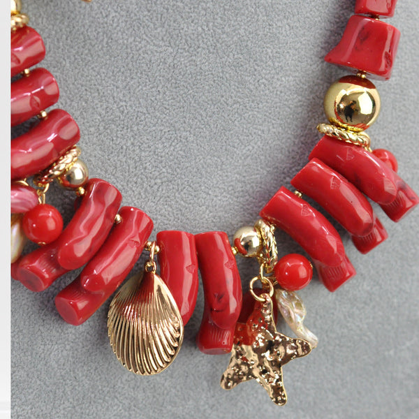 Parure Collana e bracciale rossa conchiglie stelle marine corallo rametti bijoux