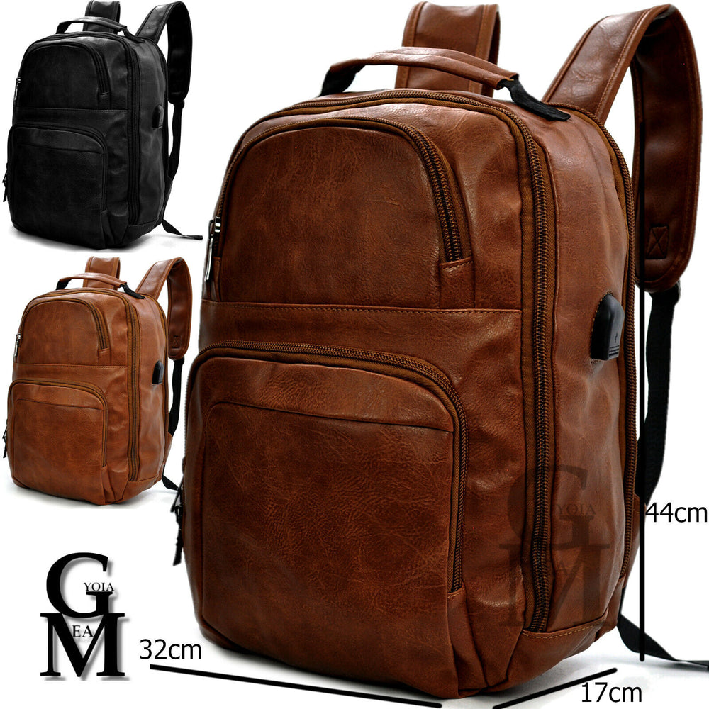 GM Zaino casual tasche pc zip marrone lavoro uomo pelle grande nuovo USB viaggio