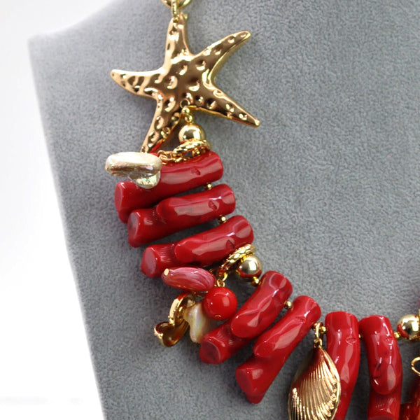 Parure Collana e bracciale rossa conchiglie stelle marine corallo rametti bijoux