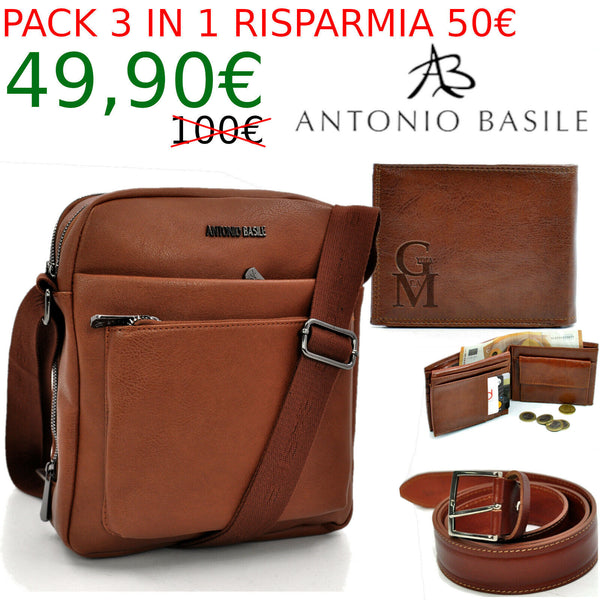 Pack 3in1 Borsello uomo A. Basile + portafoglio + cintura in vera pelle italy 05