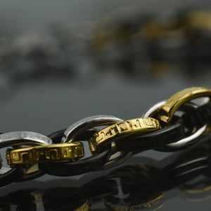 GM set collana  +Bracciale uomo acciaio inox tricolore oro catena regolabile