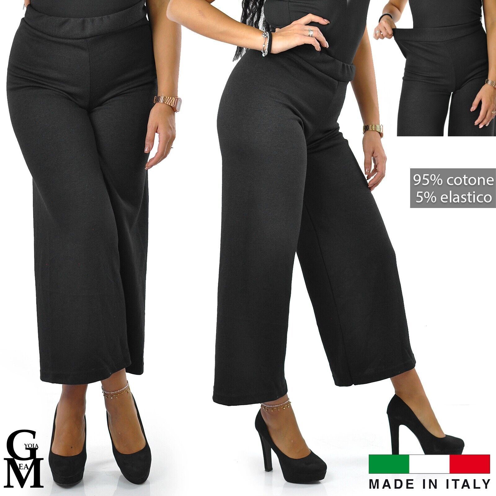 Pantalone largo pantapalazzo donna nero elasticizzato elegante italy m –  Gyoiamea