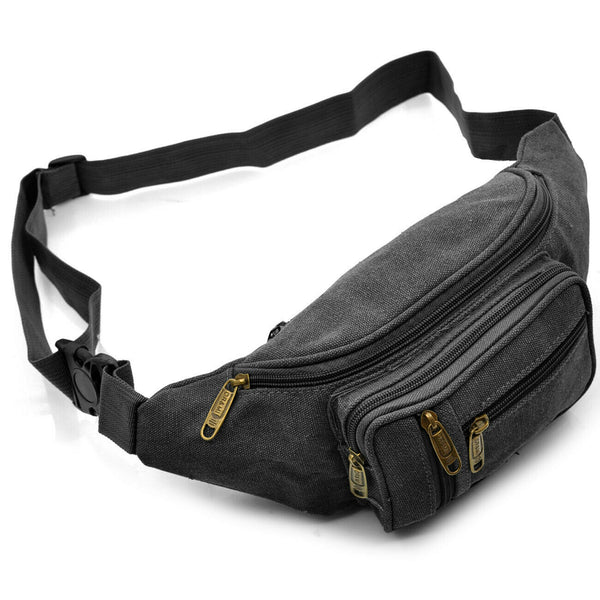 Marsupio 5 tasche zip uomo sportivo scomparti tessuto lavoro corsa cintura tela