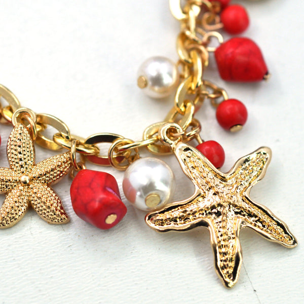 Parure Collana e bracciale rossa conchiglie stelle marine corallo rametti bijoux