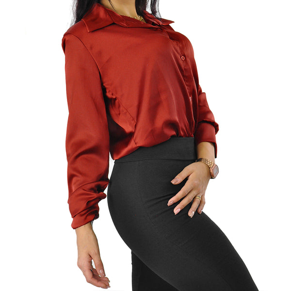 Camicia body blusa raso donna morbida sottogiacca elegante larga maniche lunghe