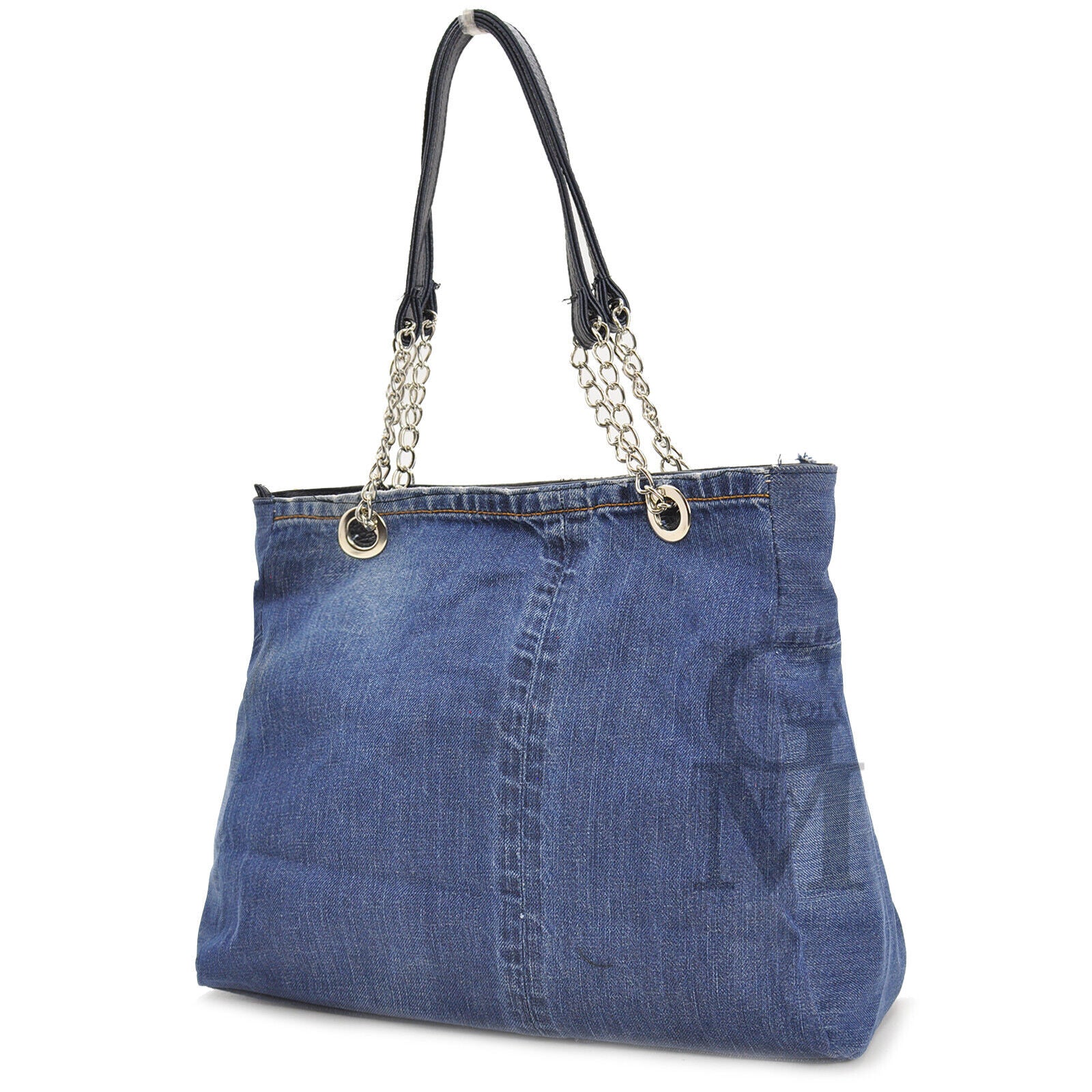 Borsa jeans artigianale shopping capiente donna manici catena artigianale moda