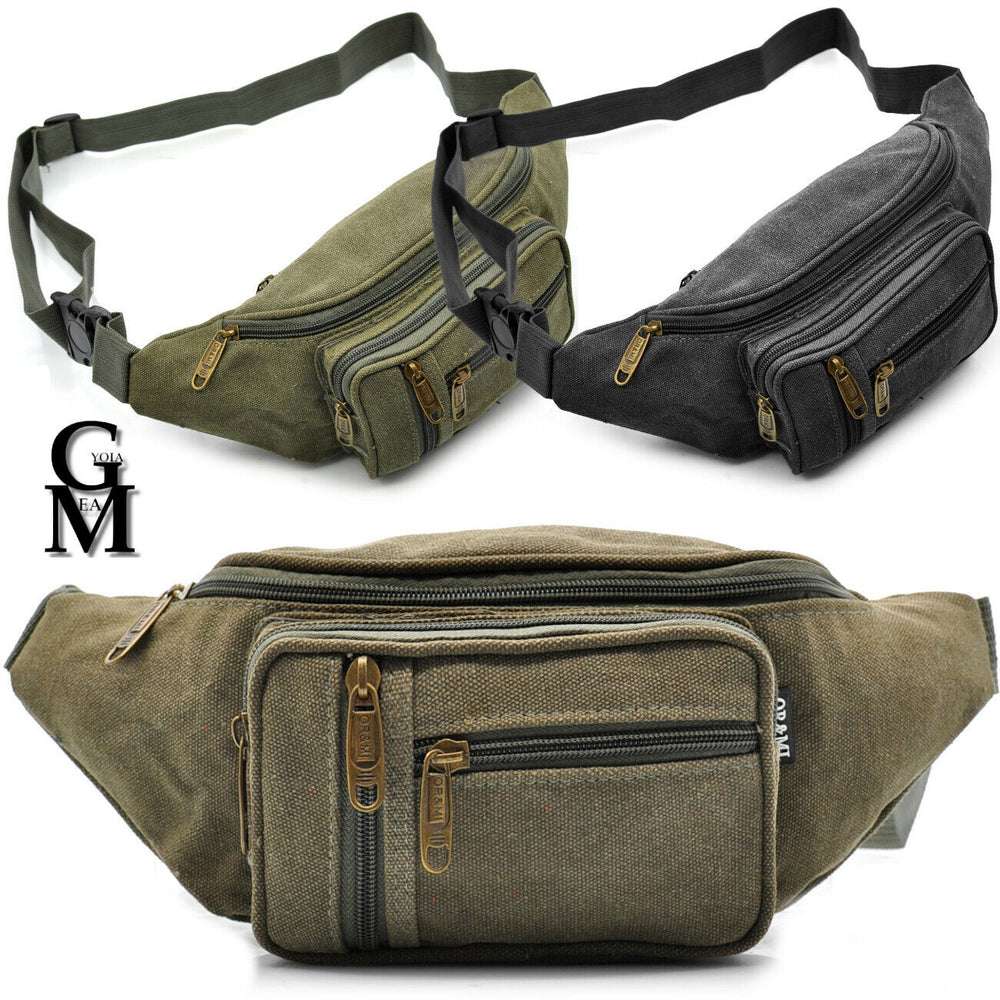 Marsupio 4 tasche zip uomo sportivo scomparti tessuto lavoro canvas cintura tela