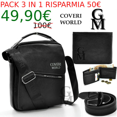 Pack 3in1 Borsello coveri uomo nero + portafoglio + cintura vera pelle italy 02