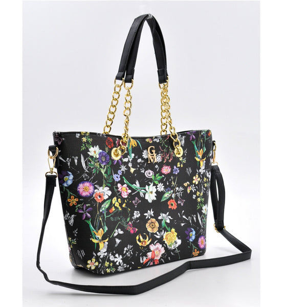 Borsa shopping moda grande GM donna grande spalla manici a catena fiori floreale