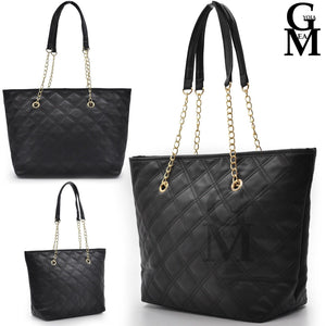 Gyoiamea borsa donna shopping pelle trapuntata manici catene nera spalla casual