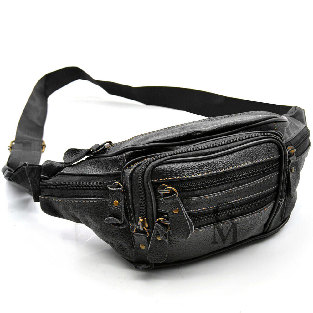 Uomo vera pelle marsupio borsa tracolla vita viaggio MULTI TASCHE nero vintage