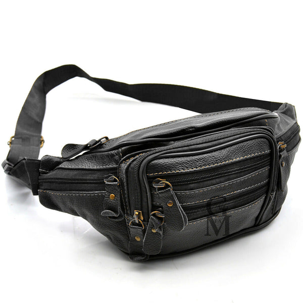 Uomo vera pelle marsupio borsa tracolla vita viaggio MULTI TASCHE nero vintage