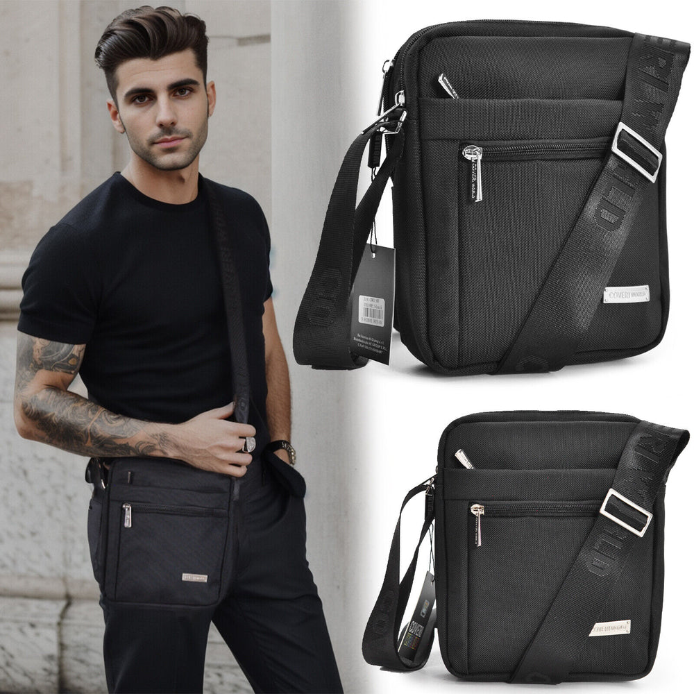 Borsello uomo originale multitasche tracolla nuovo COVERI nero zip tessuto nylon