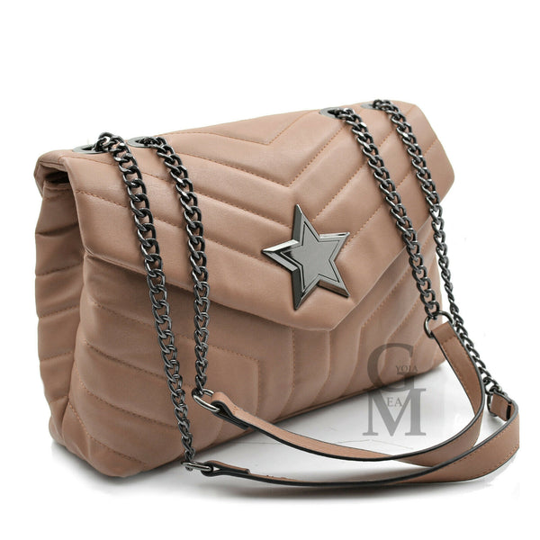 Borsa grande donna tracolla cuoio nero stella star pochette Pelle trapuntata