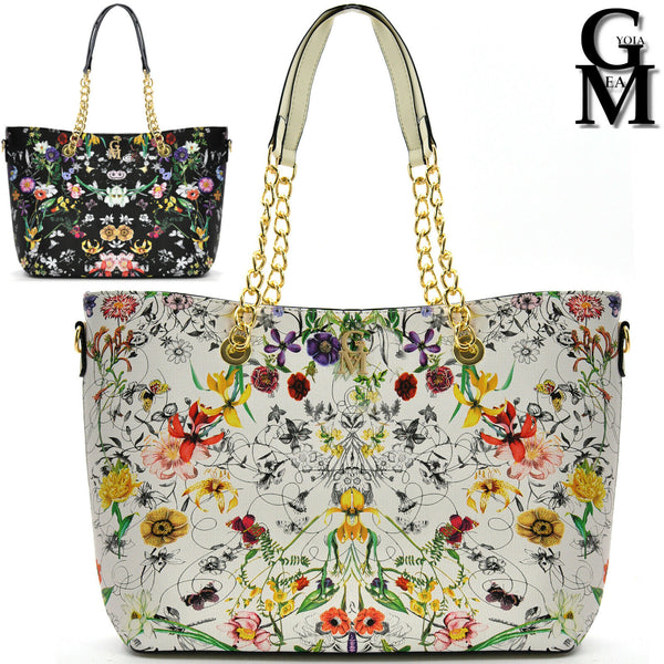 Borsa shopping moda grande GM donna grande spalla manici a catena fiori floreale