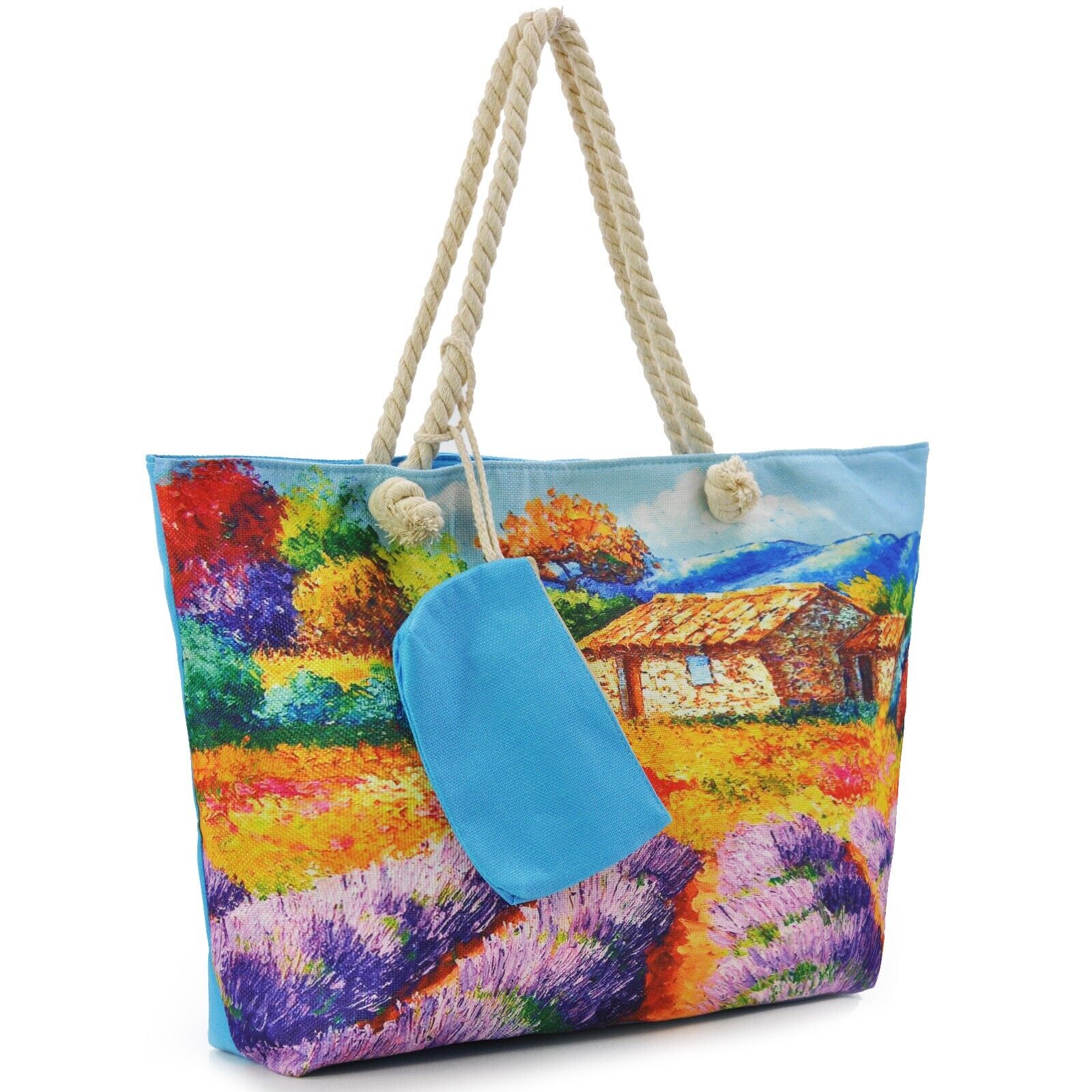 BORSA mare paesaggio spiaggia dipinto capanna fiori iris DONNA tela manici corda