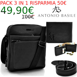 Pack 3in1 Borsello uomo A. Basile + portafoglio + cintura in vera pelle italy 05