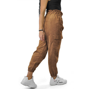 Pantalone cargo donna a coste elasticizzato tasconi velluto sportivo giornaliero