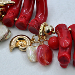 Parure Collana e bracciale rossa conchiglie stelle marine corallo rametti bijoux