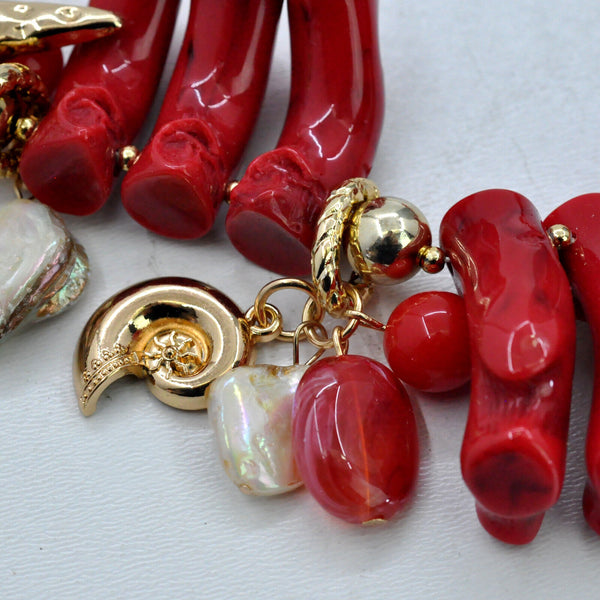 Parure Collana e bracciale rossa conchiglie stelle marine corallo rametti bijoux