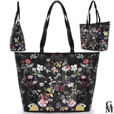 Borsa GM donna shopping fantasia fiori casual grande spalla fiorata nera nuova