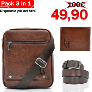 Pack 3in1 Borsello uomo pack GM + portafoglio + cintura in vera pelle italy