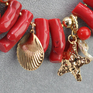 Parure Collana e bracciale rossa conchiglie stelle marine corallo rametti bijoux
