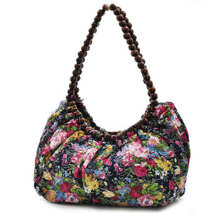 Borsa sacco fantasia fiorata morbida capiente donna manici palline in legno