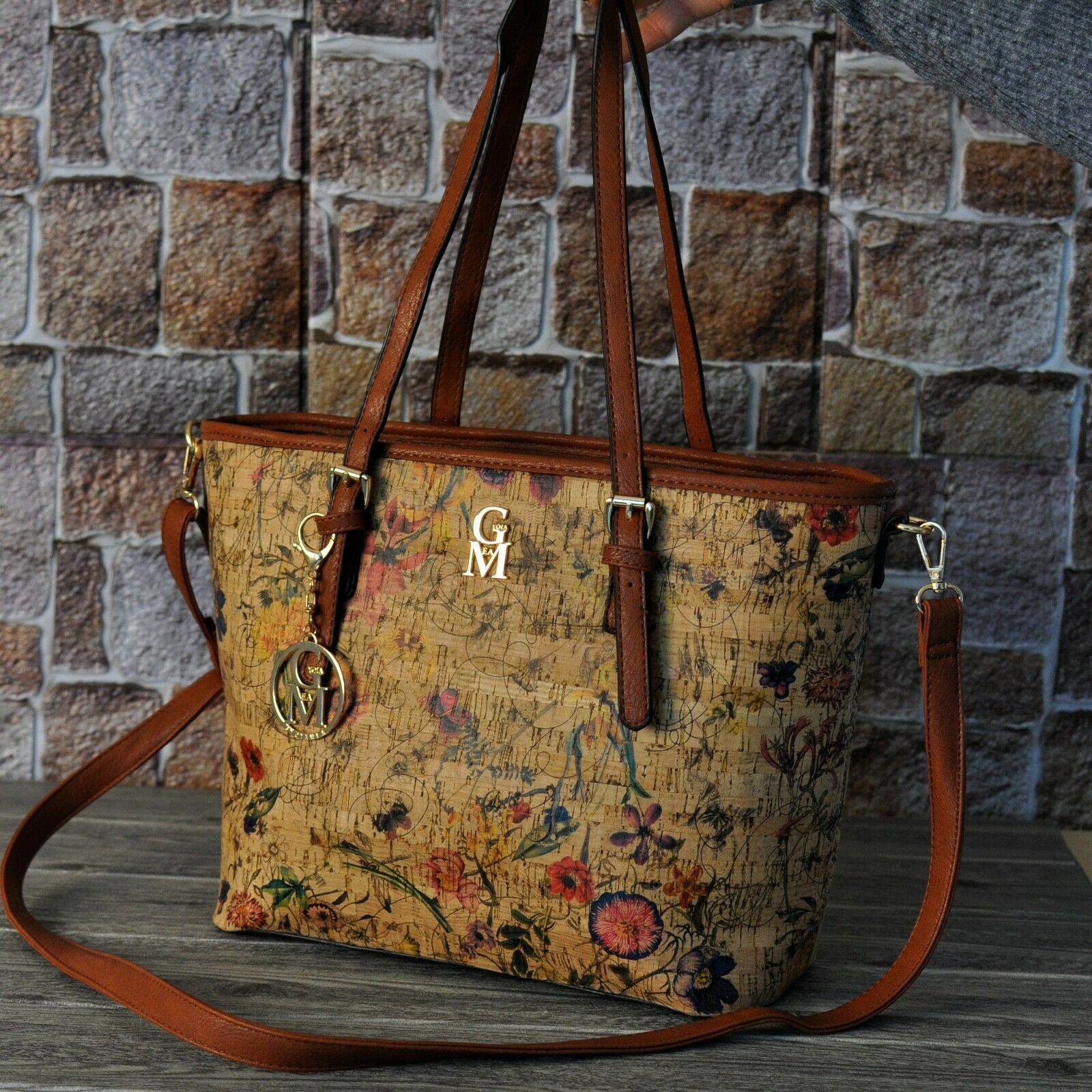 Gyoiamea borsa fantasia fiori sughero legno donna shopping spalla particolare