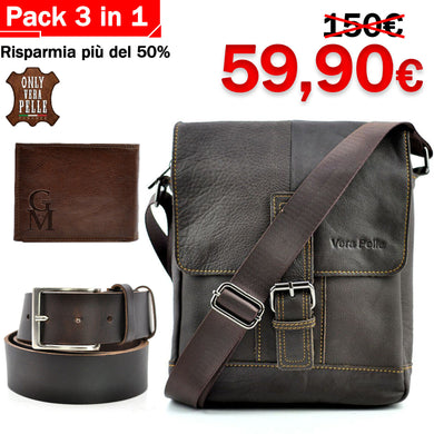 Pack 3in1 Borsello uomo vintage GM + portafoglio + cintura in vera pelle italy