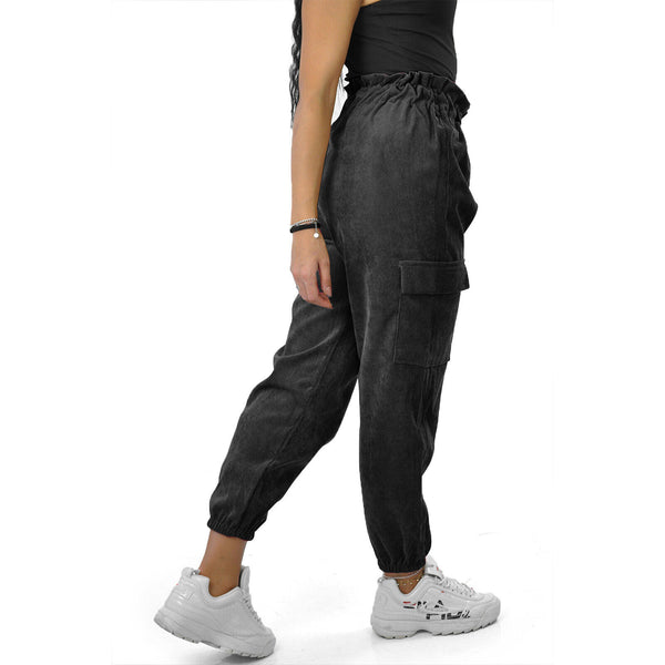 Pantalone cargo donna a coste elasticizzato tasconi velluto sportivo giornaliero