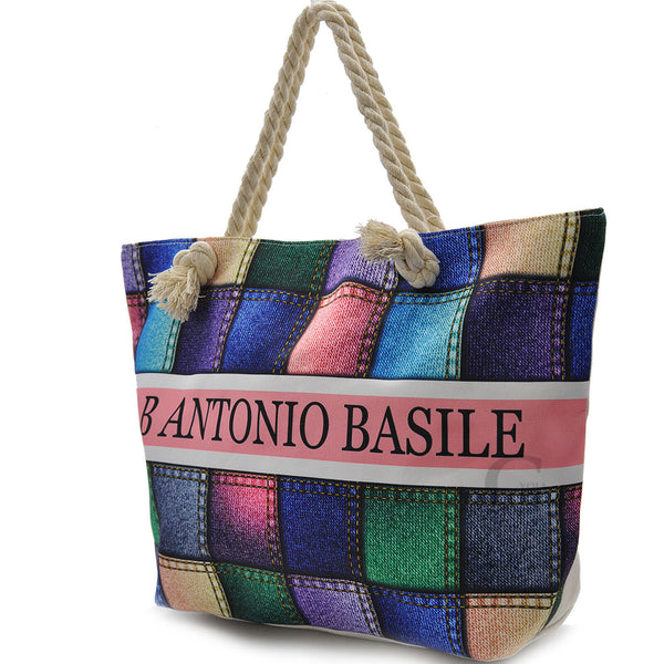 borsa mare firmata A.Basile capiente a fantasia colorata manici in corda casual