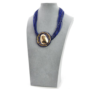 Collana donna blu viola strass lunga ciondolo disco oro multifilo boemia etnica