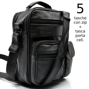 Borsello firmato GM uomo Tracolla Borsa vera Pelle multi tasche zip Grande nero