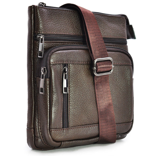 GM borsello vintage 4 zip uomo sottile caffè vera pelle tracolla spalla marrone