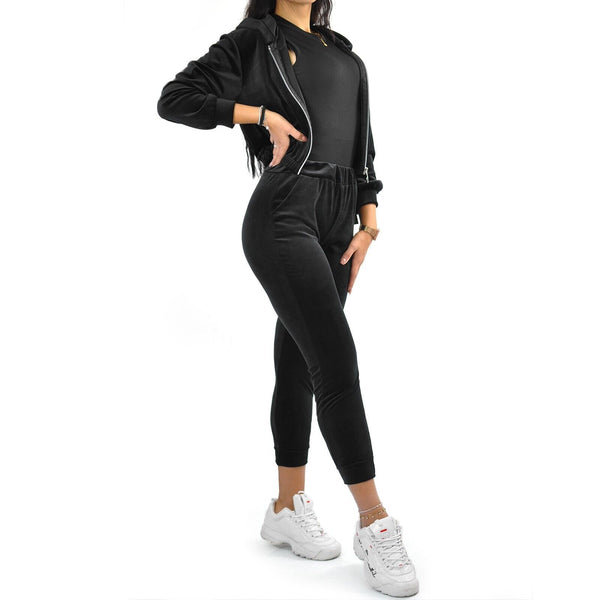 Tuta 2 pezzi donna velluto ciniglia velluto giacca zip cappuccio morbido nera