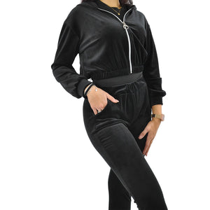 Tuta 2 pezzi donna velluto ciniglia velluto giacca zip cappuccio morbido nera