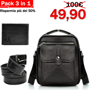 Pack 3in1 Borsello uomo pack GM + portafoglio + cintura in vera pelle italy