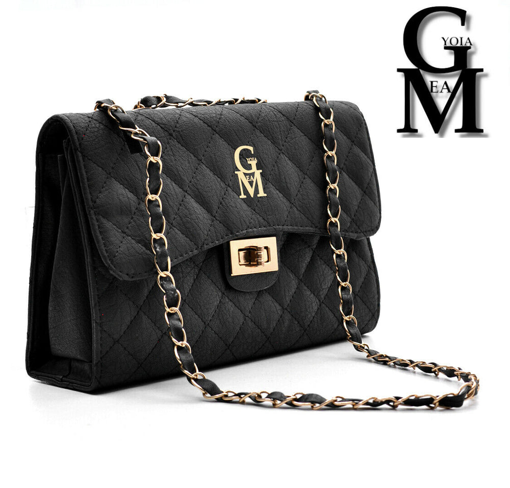 Borsa borsetta da spalla tracolla catena donna gm simil pelle trapuntata nera media