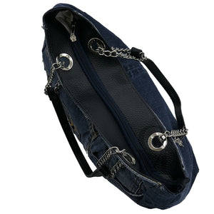 Borsa jeans artigianale shopping capiente donna manici catena artigianale moda