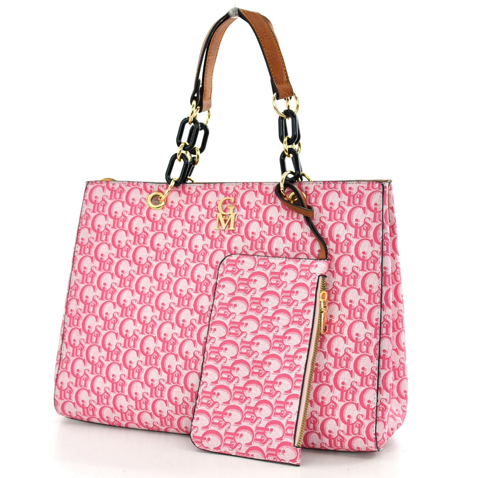 Borsa shopping spalla grande donna manici a catena rosa GM pelle grande fantasia