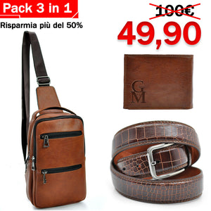 Pack 3in1 Borsello uomo pack GM + portafoglio + cintura in vera pelle italy