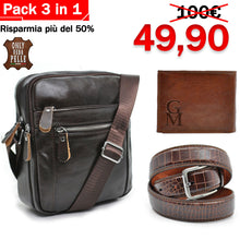 Carica l&#39;immagine nel visualizzatore di Gallery, Pack 3in1 Borsello uomo pack GM + portafoglio + cintura in vera pelle italy