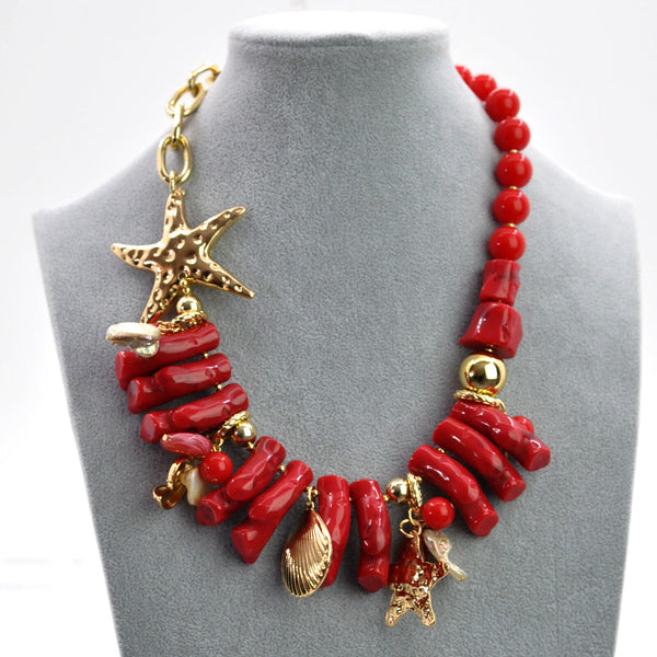 Parure Collana e bracciale rossa conchiglie stelle marine corallo rametti bijoux