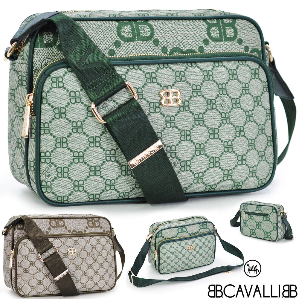 Borsa Firmata B. Cavalli Borsetta verde Donna fantasia marca logo Zip Tracolla