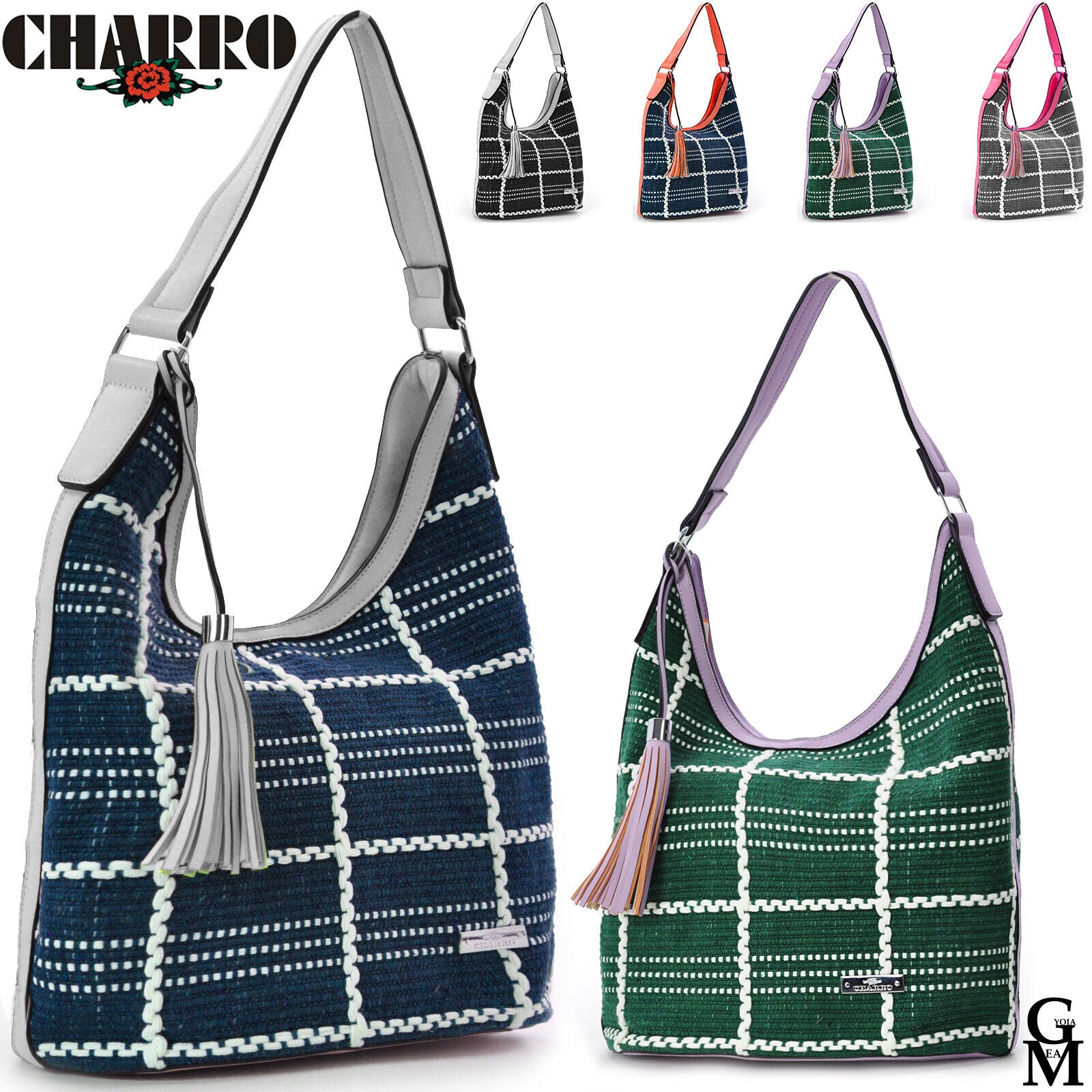 Borsa donna charro tessuto tweed spalla capiente sacco hobo ricamata giornaliera