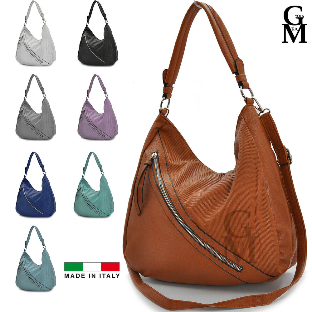 GM Borsa hobo pelle morbida plissettata ricamata zip donna unica tinta spalla