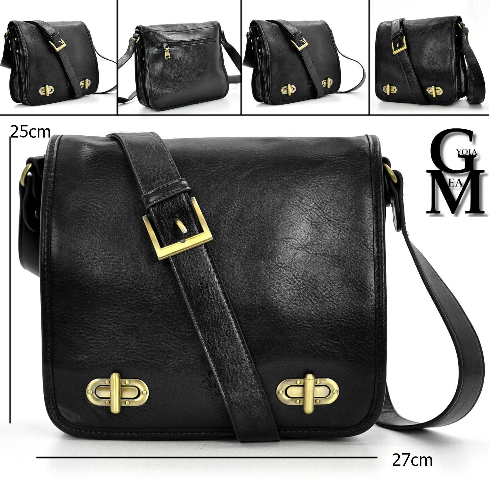 Borsa uomo donna fibbie vintage pelle nera scuola ufficio tracolla messenger